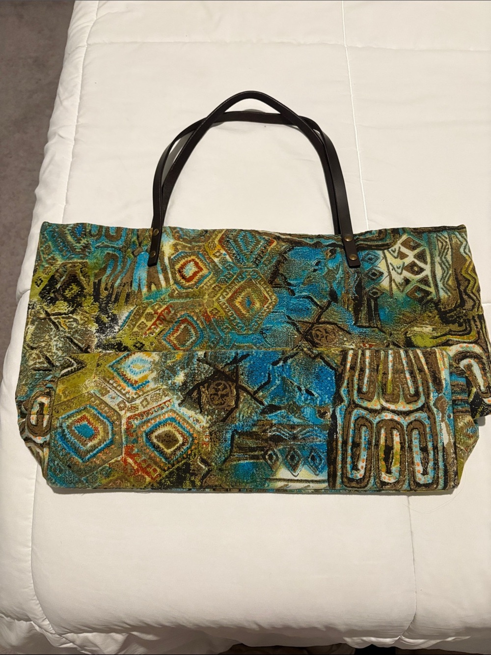 Chico’s Boho Tapestry Tote Bag with Blue and Green Pattern
